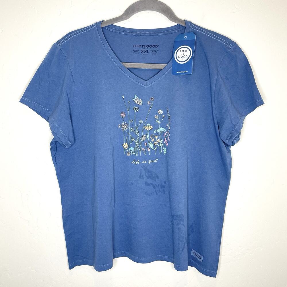 Life Is Good V Neck Crusher T Shirt Womens XXL Blue Wildflower Spots